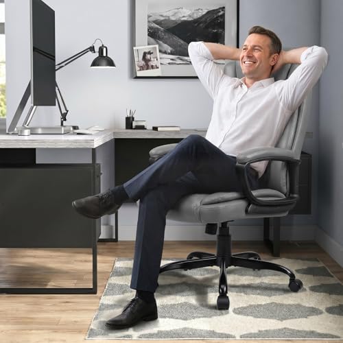 LEMBERI High Back PU Leather Executive Office Chair, Adjustable Swivel Computer Desk Chair with Padded Armrests for Home Office, Grey - Image 2