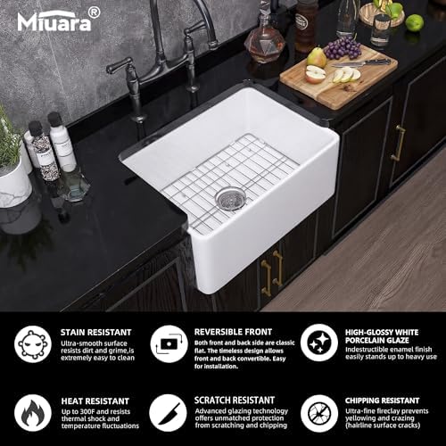 Miuara Farmhouse Sink 24 x 18 Inch White Fireclay Apron Front Kitchen Sink - Image 3