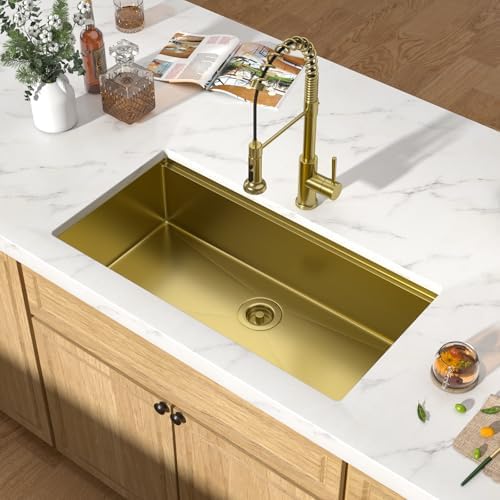 36x19" Gold Undermount Kitchen Sink, Workstation All-In One 16 Gauge T-304 Stainless Steel Single Bowl Handmade Under Counter Large Sink for Kitchen & Island #TLU-0050 - Image 7