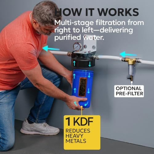 Aquaboon Whole House Water Filter System for Well Water with10x4.5 KDF Heavy Metals Purification Cartrige | NSF Certified, Pressure Gauges & Releas, Wrench, Bracket 1" NPT - Image 2