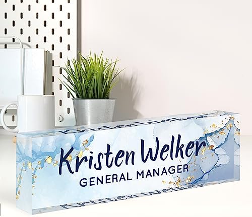 Name Plate for Desk, Desk Name Plate Personalized, Office Decor for Women Men, Acrylic Desktop Accessories, Office Appreciation Gifts for Boss Social Workers Nurse Teacher Employee (Blue/White) by Spricoz