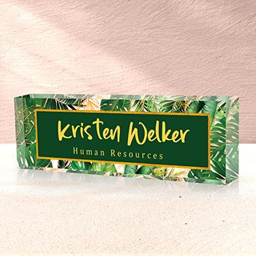 SalaGraphics Desk Name Plate, Custom for, Office Decor Women Men, Acrylic Accessories, Gifts Coworkers Boss Teacher, Employee Appreciation (Green Leaves), 8”(L)x2.5(W) by SalaGraphics