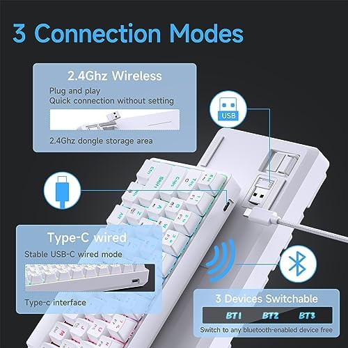 DIERYA DK63 60% Wireless Mechanical Gaming Keyboard | Bluetooth/2.4G/Wired | RGB Backlit Compact 63 Keys Mini Office Keyboard | with Red Switch | for Windows Laptop PC Gamer Typist-White - Image 3