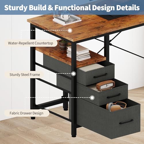 DUMOS 39 Inch Small Computer Desk with Storage, Fabric Drawers,Brown - Image 5