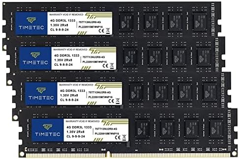 Timetec 16GB KIT(4x4GB) DDR3 / DDR3L 1333MHz PC3-10600 Non-ECC Unbuffered 1.5V / 1.35V CL9 2Rx8 Low Density Dual Rank 240 Pin UDIMM Desktop PC Computer Memory RAM Module Upgrade (16GB KIT(4x4GB)) by Timetec