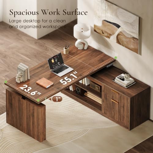 OffiGo Fluted 55 Inch L Shaped Electric Standing Desk with Storage, Walnut - Image 4