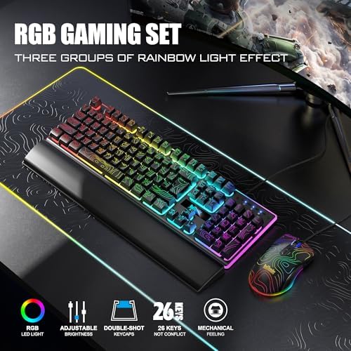 RedThunder K10 Wired Gaming Keyboard & Mouse Combo with Wrist Rest, Adjustable RGB Mechanical Feel Anti-ghosting Keyboard + 7D 7200 DPI Mouse+Soft Leather Wrist Rest for PC Gamers (Black Lines) - Image 2