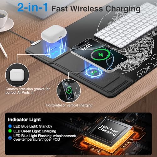 Wireless Charging Mouse Pad with Phone Holder, 31.5"x15.8" in, Black Wave - Image 2