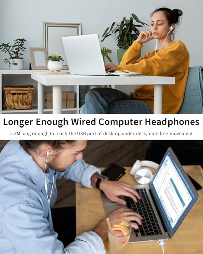 USB Earbuds with Microphone for PC Laptop,USB A Headphones,White - Image 5