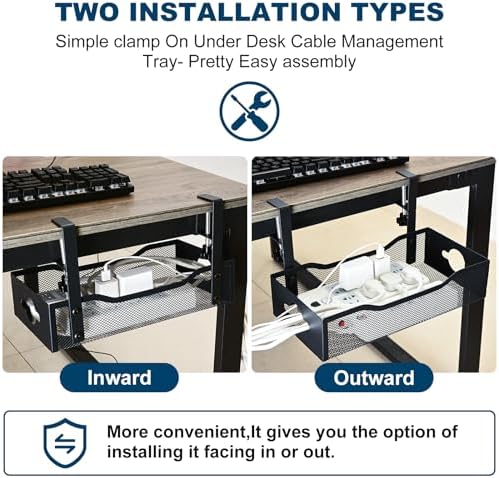 Large Under Desk Cable Management Tray - Heavy Duty Metal Cord Organizer with No Drill Installation for Office & Home Office Desks to Hide Wires & Power Strips (Black, XL) (Pack of 2) - Image 6