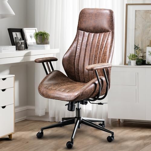 High Back Home Office Chair, Mid Century Vintage Executive Chair,Comfy Ergonomic Rolling Office Task Chair with Lumbar Support,Brown Faux Leather Office Chair,Dark Brown by Eco-ChicLivingBeautifullyAffordable
