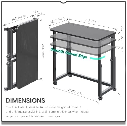 4NM No Tool Assembly 27.5" Small Desk, Folding Portable Desk with Wheels, Foldable Computer Home Office Desks, Collapsible Study Writing Table for Space Saving Bedroom - All Black - Image 2