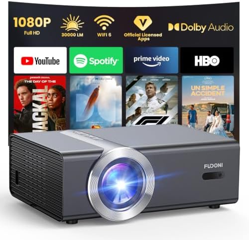 FUDONI Smart WiFi6 Bluetooth Projector, Built-in Apps, Electric Focus by FUDONI