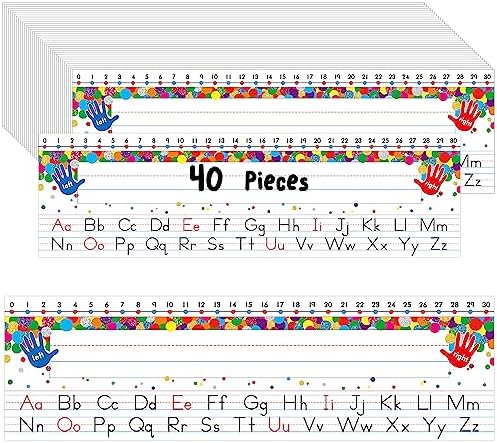 40 PCS Desk Nameplates, Waterproof Confetti Desk Name Tags with Alphabet, Number Line 1-30 Erasable and Reusable Traditional Manuscript Name Plate for Classroom School Student (12” x 3.5”) by Gethelud