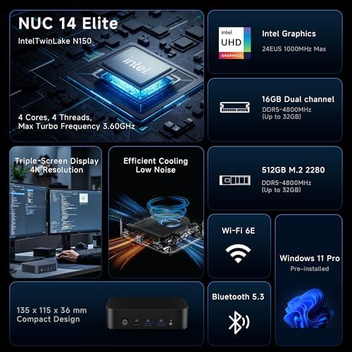ASUS NUC 14 Essential Mini PC, Intel N150 Processor(4C/4T,Up to 3.6GHz)16GB DDR5 RAM & 512GB PCIe4 NVMe SSD Versatile Intel NUC Mini Computers, TypeC 3.2, 4K URD, BT5.3, WiFi6E, Win11 Pro preinstalled - Image 2