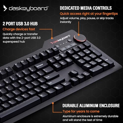 Das Keyboard 4 Professional Wired Mechanical Keyboard, Cherry MX Blue Mechanical Switches, 2-Port USB 3.0 Hub, Volume Knob, Aluminum Top (104 Keys, Black) - Image 4