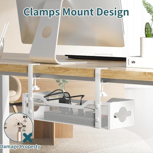 Under Desk Cable Management Tray White, Litwaro Cable Management Under Desk No Drill, Cable Organizer with Clamp for Wire Management, Cord Organizer for Office, Home No Damage to Desk - Image 2