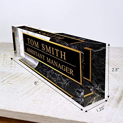 Artblox Office Desk Name Plate Personalized | Black & White Marble Design Printed On Clear Acrylic Glass | Custom Name Plates for Desks | Office Desk Decor - (8" x 2.5") - Image 3