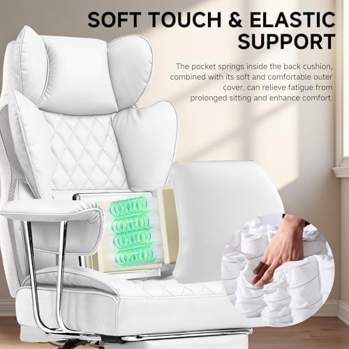 COMHOMA Big and Tall Gaming Chair with Pocket Spring Lumbar Support, Ergonomic Office Chair with Footrest, Executive Desk Chair with Outward Fixed Soft Armrests, Computer Chair with High Back, White - Image 4