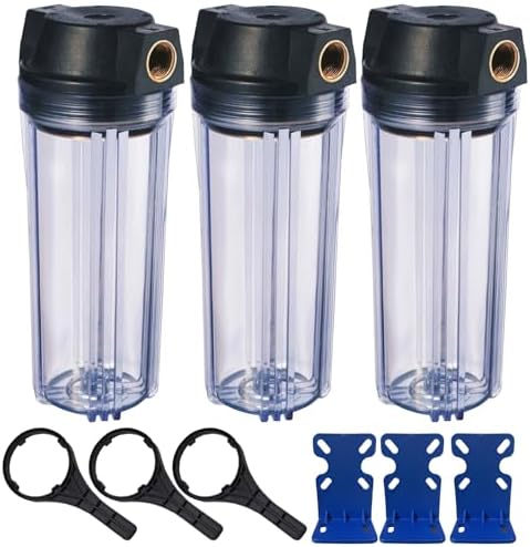 Geekpure 10-Inch Whole House Slim Water Filter Housing with Pressure Relief Valve - 3/4" NPT Brass Port-Fit for 2.5" x 10" Filters-Clear Pack of 3 by Geekpure