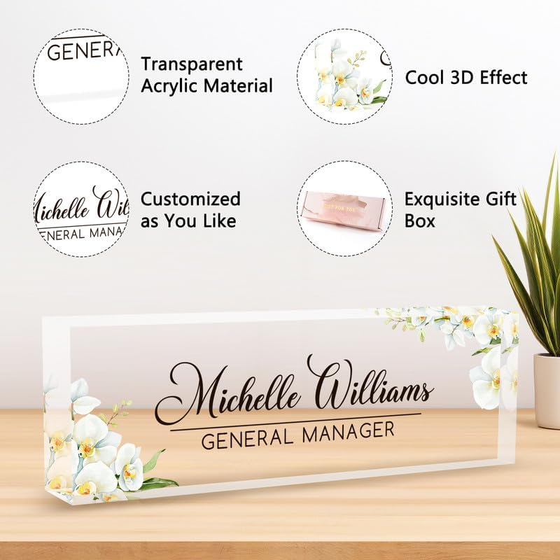 Desk Name Plate Personalized Name Plate for Desk, Office Desk Decor, 3D Style Personalized Plaque Name Plates for Desks Custom Appreciation Gifts for Boss Lady Employee Coworkers (Phalaenopsis Orchid) - Image 3