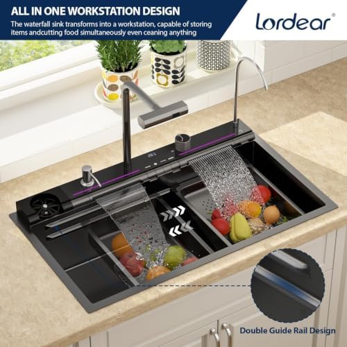 Lordear Drop In Kitchen Sink 33 inch Black Waterfall Sink T304 16 Gauge - Image 3