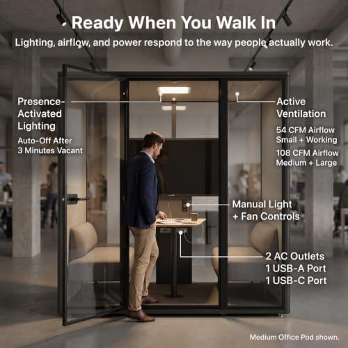 Uncaged Ergonomics Small Office Pod, 1-Person Acoustic Office Phone Booth with Ventilation, LED Lighting and Power, Black - Image 7