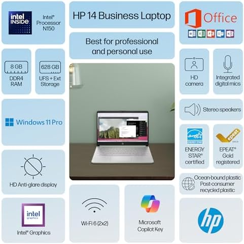 HP Ultrabook 14 Laptop Computer Business Study & Home 2025, Lifetime MS Office + Windows 11 Pro, Quad-Core Intel CPU, 8GB RAM & 628GB Storage (128GB UFS+500GB Ext), Wi-Fi 6, HubxcelAccessory, Geeen - Image 3
