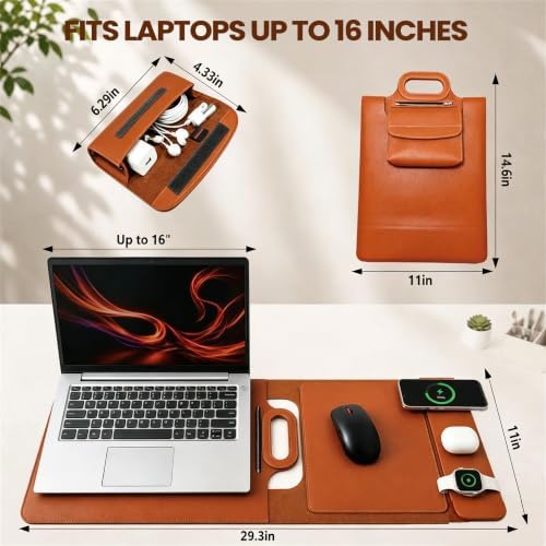 Wireless Charging Laptop Bag for 16-Inch Laptops, Foldable Desk Mat, Brown - Image 2