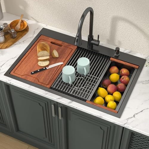 Lordear 33x22 Inch Drop In Black Kitchen Sink Workstation - Image 2