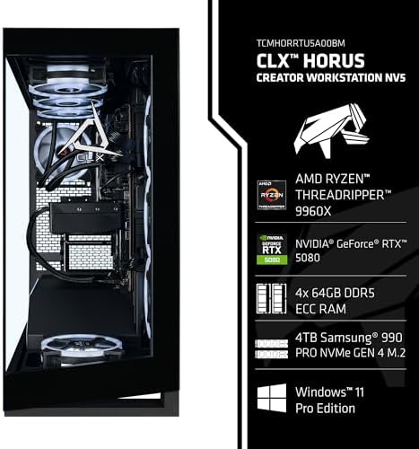 CLX Horus Creator Workstation - AMD Ryzen Threadripper 9960X 4.2GHz, GeForce RTX 5080, 4TB NVMe M.2 SSD, 256GB DDR5 ECC Memory, 360mm AIO, WiFi, Windows 11 Pro, Black, AI-Accelerated - Image 3
