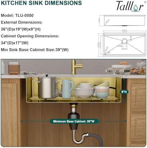 36x19" Gold Undermount Kitchen Sink, Workstation All-In One 16 Gauge T-304 Stainless Steel Single Bowl Handmade Under Counter Large Sink for Kitchen & Island #TLU-0050 - Image 3