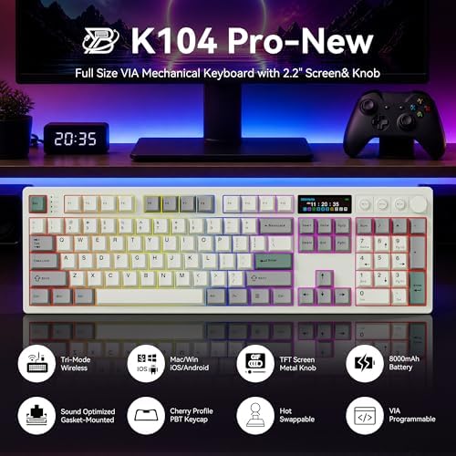 BOYI K104Pro Mechanical Keyboard with 2.2" Screen&Media Knob,QMK/VIA Custom BT5.0/2.4GHz/Type-C Gasket Mounted Hot Swap RGB Full Size Creamy Wireless Keyboard NKRO Gaming Keyboard for PC/Mac(Retro) - Image 2