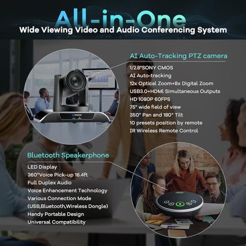 12x Zoom Conference Room Video Camera System, Al Auto-Tracking HD 1080P 60fps 12X Optical Zoom USB3.0 HDMI PTZ Camera 75° FOV and Bluetooth Conference Speaker with Microphones Bundle for Medium Room - Image 2