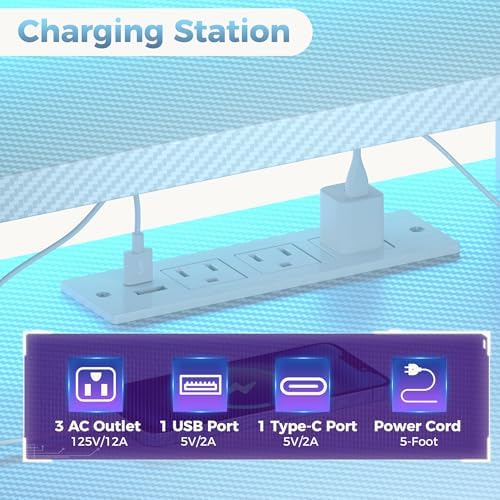 DUMOS 52" Gaming Desk with USB Charging Ports & LED Lights, White - Image 5