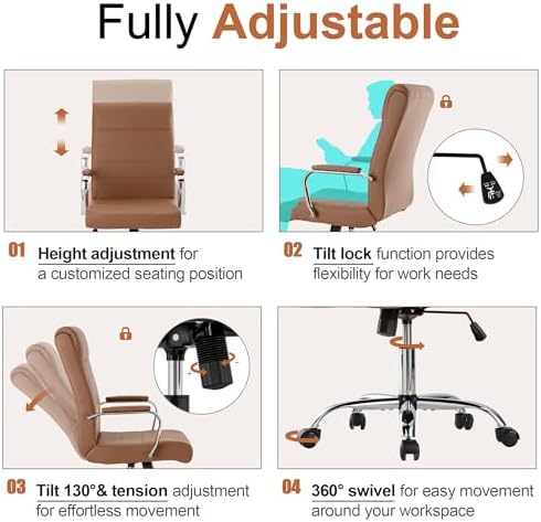 Office Desk Chair,Modern Leather Conference Room Chairs,High Back Home ofiice Chair,Adjustable Height Swivel Executive Computer Chair with Armrest and Padded Seat,Brown - Image 5