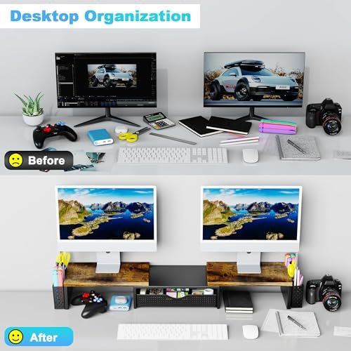 Spacrea Wood Dual Monitor Stand Riser with Drawer and 2 Pen Holders - Image 2