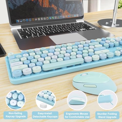 Wireless Keyboard and Mouse Combo, Ergonomic Full Size Typewriter Retro Round Keycaps Keyboard, Compatible with Windows, PC, Perfer for Home and Office Keyboards (Blue - Image 6