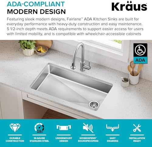 KRAUS Fairlane 33-inch ADA Compliant Undermount Single Bowl 18-Gauge Stainless Steel Kitchen Sink, KHU640-33-5.5 - Image 2