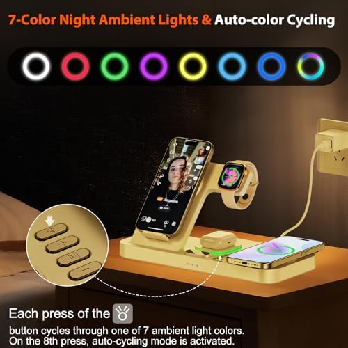 Dual Phone Magnetic Wireless Charging Station for Apple Devices, 7-Color Auto Light & 12H Clock, Multi-Device Charger for iPhone 18 Pro/18 Pro Max/17/16, for iWatch 11/10/9 & AirPods Pro3(Cream - Image 5
