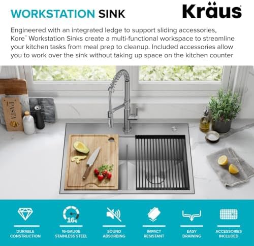 KRAUS Kore 30-Inch Drop In/Top Mount Workstation 16 Gauge 50/50 Double Bowl Stainless Steel Kitchen Sink with Accessories, KWT302-30 - Image 3