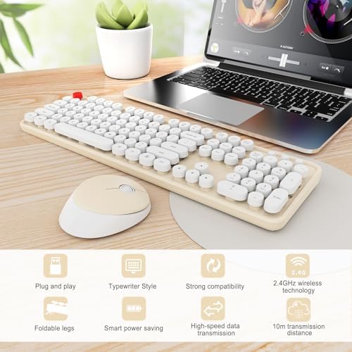 Wireless Keyboard and Mouse Combo, Ergonomic Full Size Typewriter Retro Round Keycaps Keyboard, Compatible with Windows, PC, Perfer for Home and Office Keyboards (Beige - Image 3