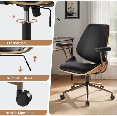 Modern Mid Back Office Chair, Adjustable Swivel Desk Chair with Arms, Black - Image 4