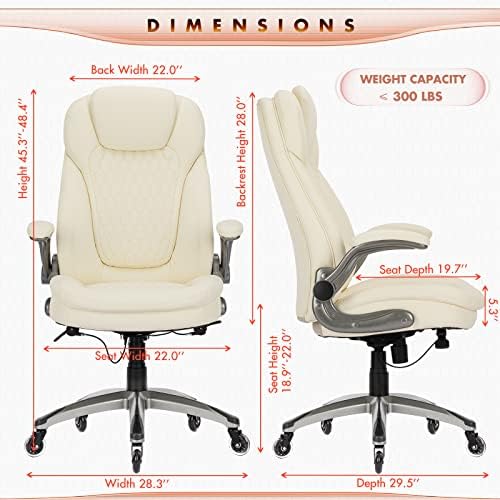 COLAMY Ergonomic High Back Office Chair, Ivory Bonded Leather Executive Desk Chair with Flip-up Arms, Thick Cushion, Silent Nylon Wheels, Adjustable Height & Rocking Function, 300lbs Capacity - Image 3