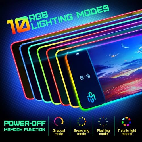 GIM Wireless Charging RGB Gaming Mouse Pad 15W, LED Mouse Mat 800x300x4MM, 10 Light Modes Extra Large Mousepad Non-Slip Rubber Base Computer Keyboard Mat for Gaming, MacBook, PC, Laptop, Desk（Sunset） - Image 4