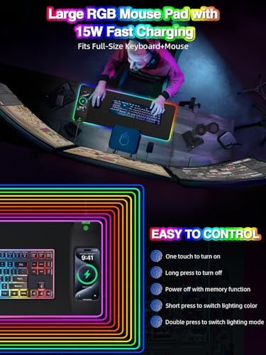 Wireless Charging Mouse Pad, 31.5"x11.81" XL Gaming Mousepad with 11 RGB Colors & 5 Lighting Modes, Home Office Large Desk Pad, Ultra-Smooth Surface, Non-Slip, Waterproof Keyboard Pad Black Desk Mat - Image 2