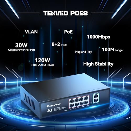 Tenveo 8 Port Full Gigabit PoE Switch, 8 PoE+ Ports @120W, 2*Uplink Port, Plug & Play, Support VLAN, Metal Case, High Stability, Easy Smart Managed Ethernet Switch, Ideal for Various Live Streaming - Image 2