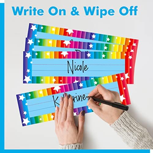 40PCS Desk Nameplates, Desk Name Tags with Double Sided PET Film Colorful Student Name Labels Erasable & Reusable Traditional Manuscript Name Plates for School Classroom Organization (10” x 2.8”) - Image 4