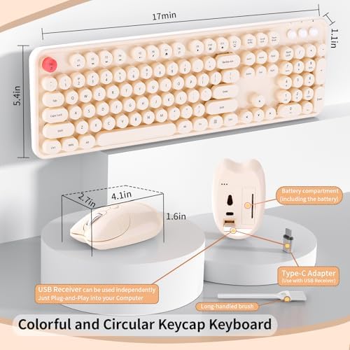 Wireless Keyboard Mouse, MOFII 104 Keys Cute Retro Typewriter Coffee - Image 5