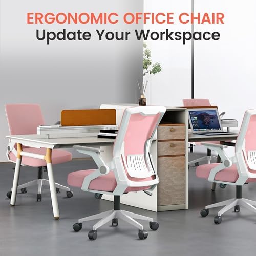 GTPLAYER Ergonomic Office Chair with Flip-up Armrests Executive Computer Chair for Home Office, Breathable Mesh & Comfy Lumbar Support, Pink - Image 4
